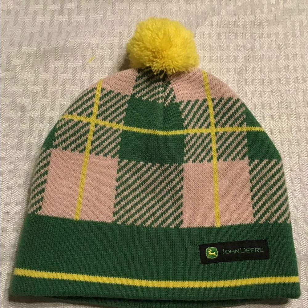 John Deere Pink Green Plaid Pom Pom Winter Hat
